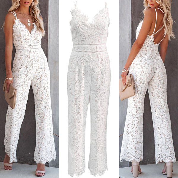Junie | Jumpsuit mit floraler Spitze und weiten Beinen
