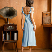 Hyra | Blaues Satin-Midikleid mit Rüschen